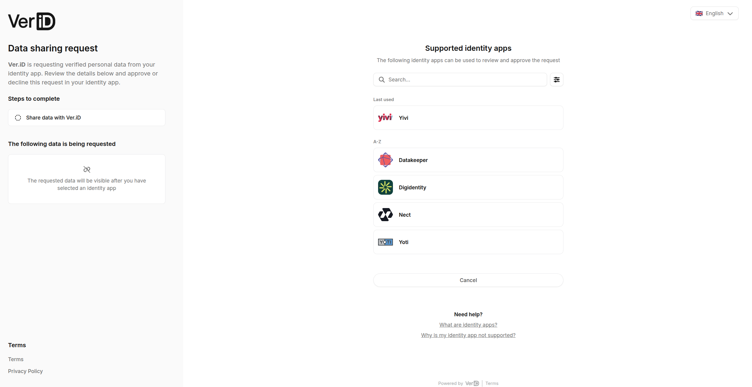 The Ver.iD Gateway on desktop, showing a data sharing request and the QR code the customer scans with their digital identity wallet.